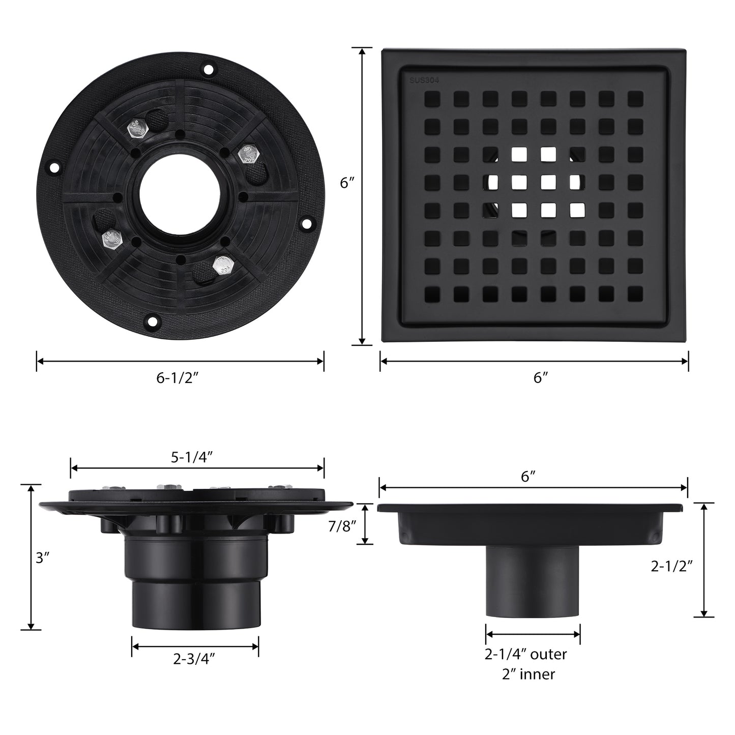 6 in. x 6 in. Stainless Steel Square Shower Drain in Matte Black