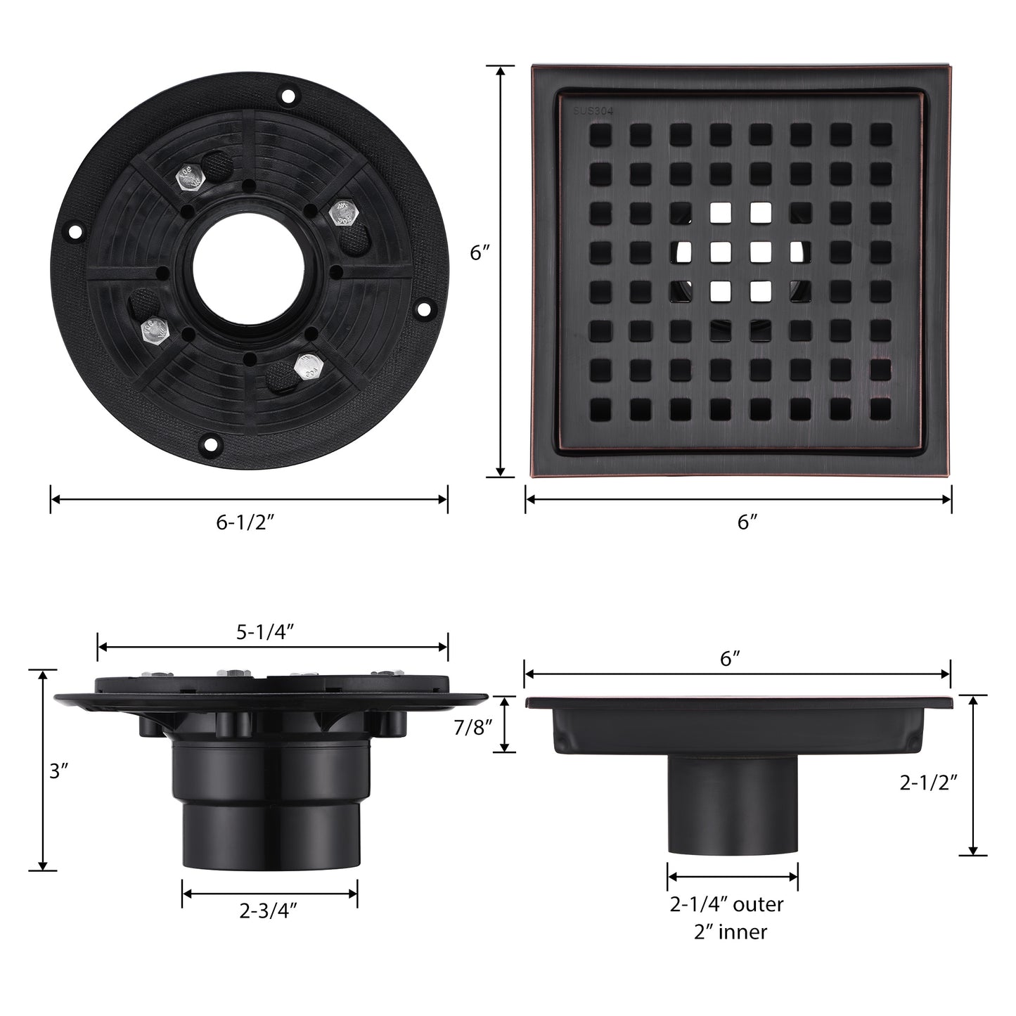 6 in. x 6 in. Stainless Steel Square Shower Drain in Oil Rubbed Bronze