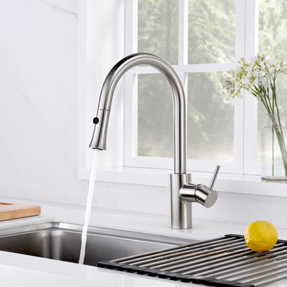 KTS11-TB Single-Handle Pull-Down Sprayer Kitchen Faucet with 2-Function Sprayhead 298 in Brushed Nickel