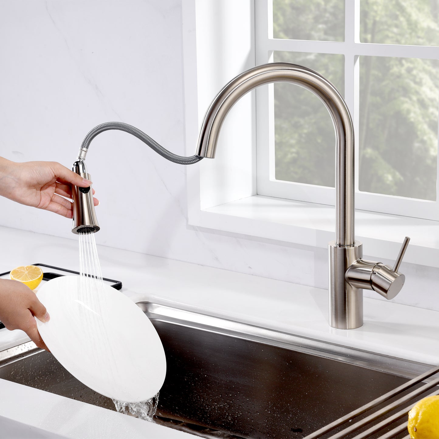 KTS11-TB Single-Handle Pull-Down Sprayer Kitchen Faucet with 2-Function Sprayhead 298 in Brushed Nickel