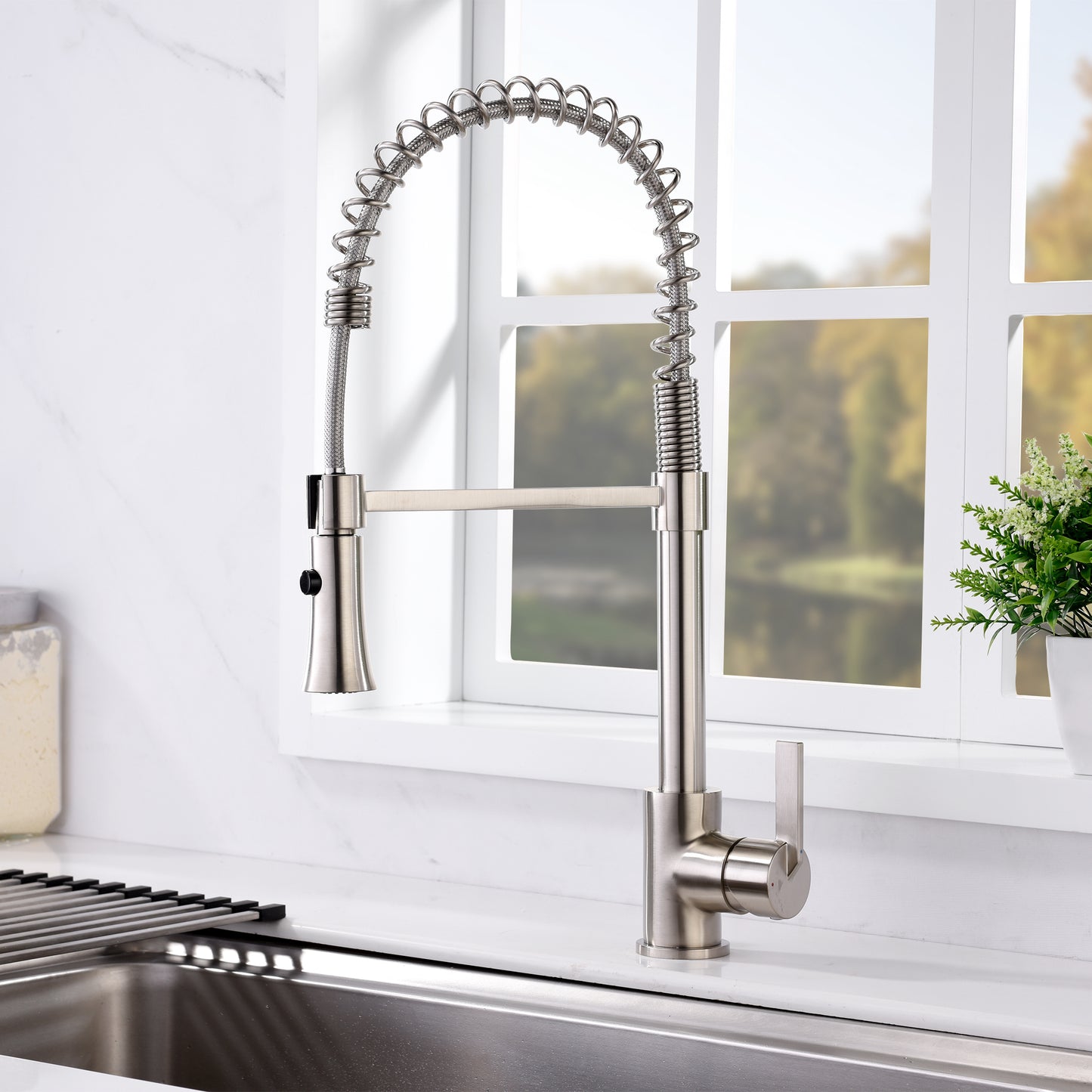 KTS13-TB Single-Handle Pull-Down Sprayer Kitchen Faucet with 2-Function Sprayhead in Brushed Nickel