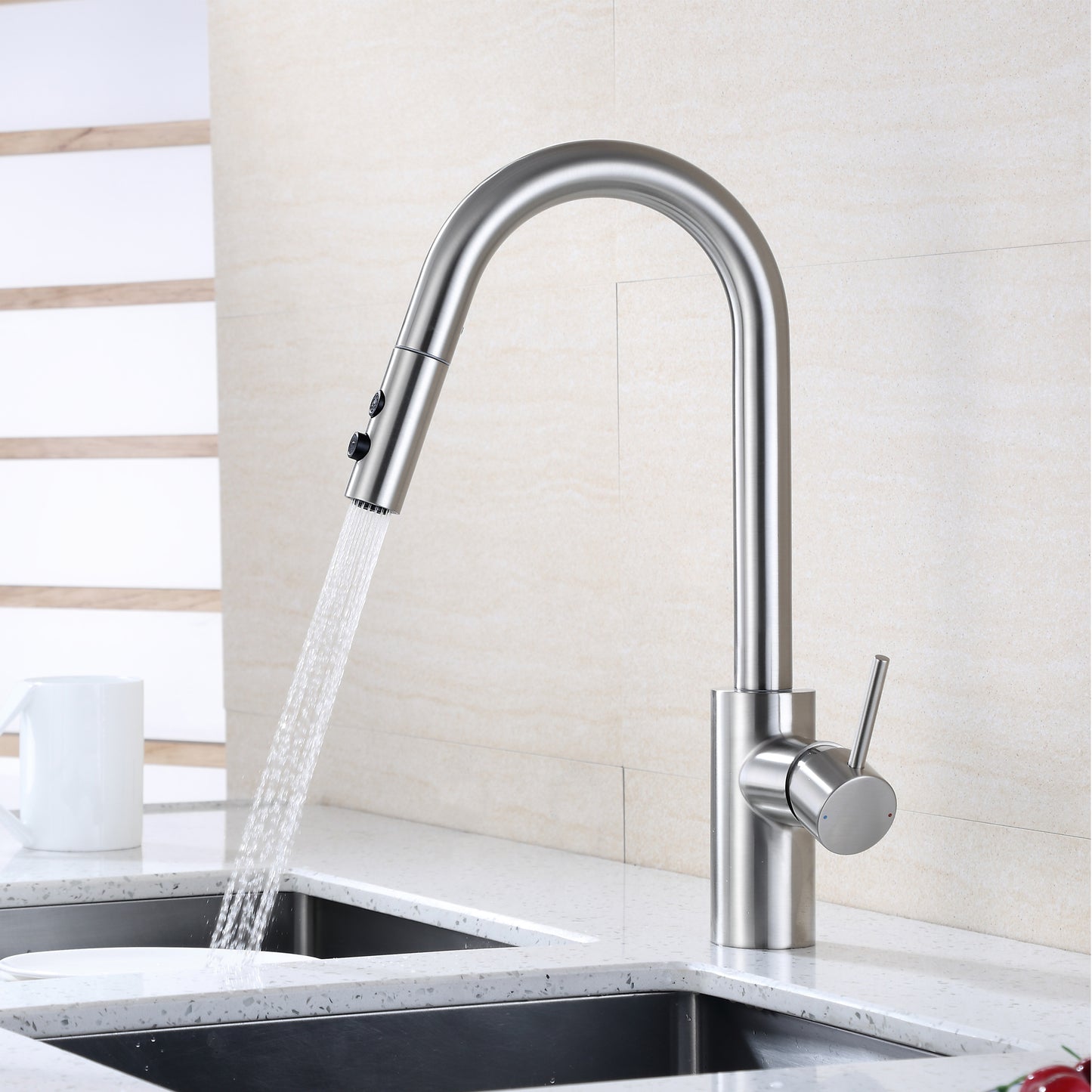 KTS21-TB Single-Handle Pull-Down Sprayer Kitchen Faucet with 2-Function Sprayhead 206 in Brushed Nickel