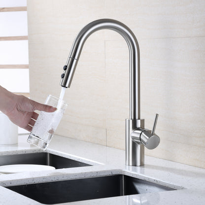 KTS21-TB Single-Handle Pull-Down Sprayer Kitchen Faucet with 2-Function Sprayhead 206 in Brushed Nickel