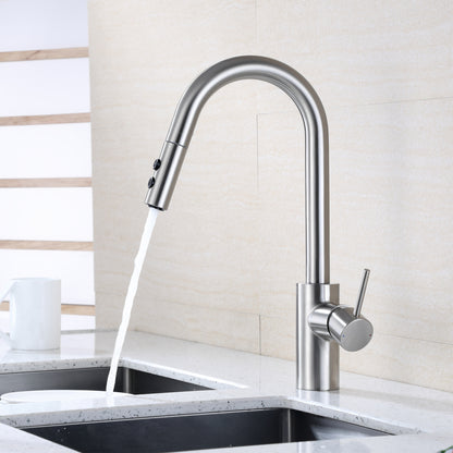 KTS21-TB Single-Handle Pull-Down Sprayer Kitchen Faucet with 2-Function Sprayhead 206 in Brushed Nickel