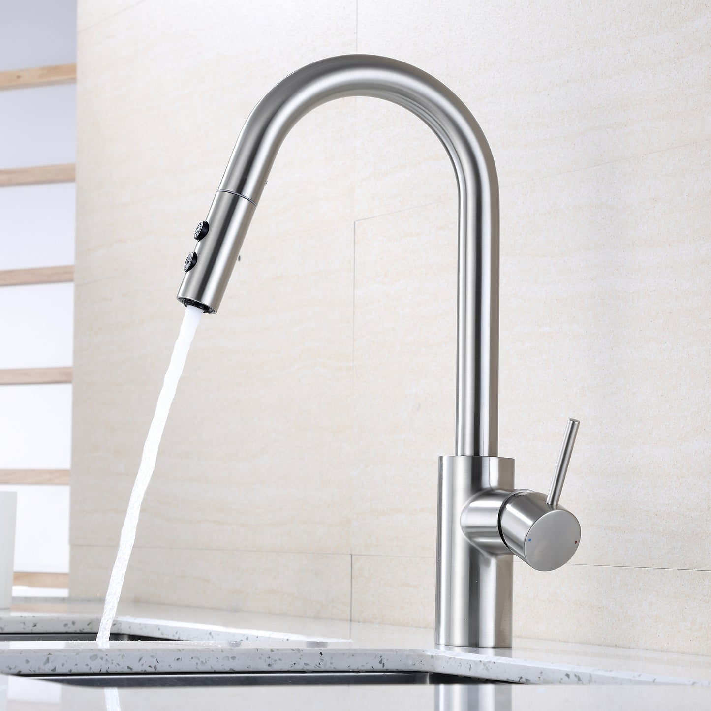 KTS21-TB Single-Handle Pull-Down Sprayer Kitchen Faucet with 2-Function Sprayhead 206 in Brushed Nickel