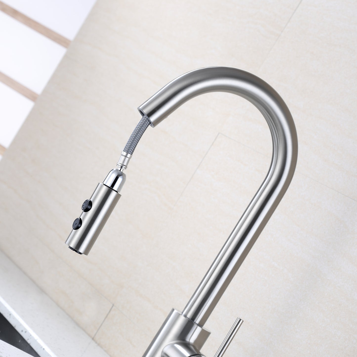 KTS21-TB Single-Handle Pull-Down Sprayer Kitchen Faucet with 2-Function Sprayhead 206 in Brushed Nickel