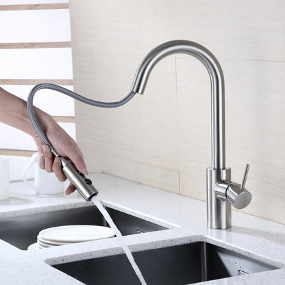 KTS21-TB Single-Handle Pull-Down Sprayer Kitchen Faucet with 2-Function Sprayhead 206 in Brushed Nickel