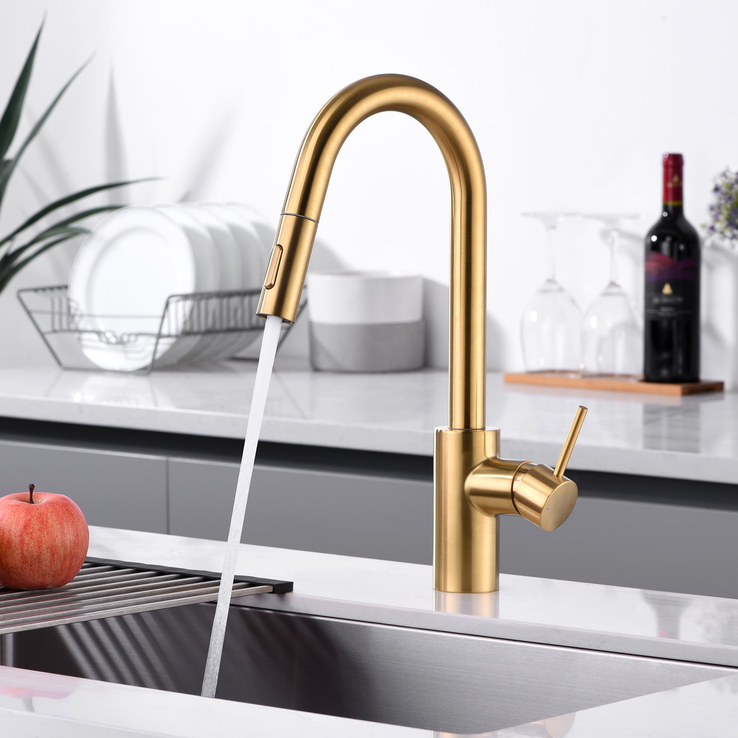 KTS21-TG Single-Handle Pull-Down Sprayer Kitchen Faucet with 2-Function Sprayhead 206 in Brushed Gold