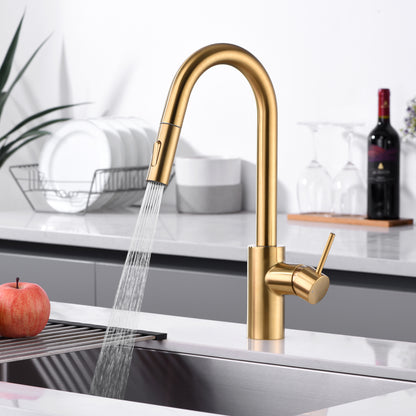 KTS21-TG Single-Handle Pull-Down Sprayer Kitchen Faucet with 2-Function Sprayhead 206 in Brushed Gold