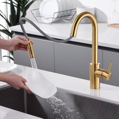 KTS21-TG Single-Handle Pull-Down Sprayer Kitchen Faucet with 2-Function Sprayhead 206 in Brushed Gold