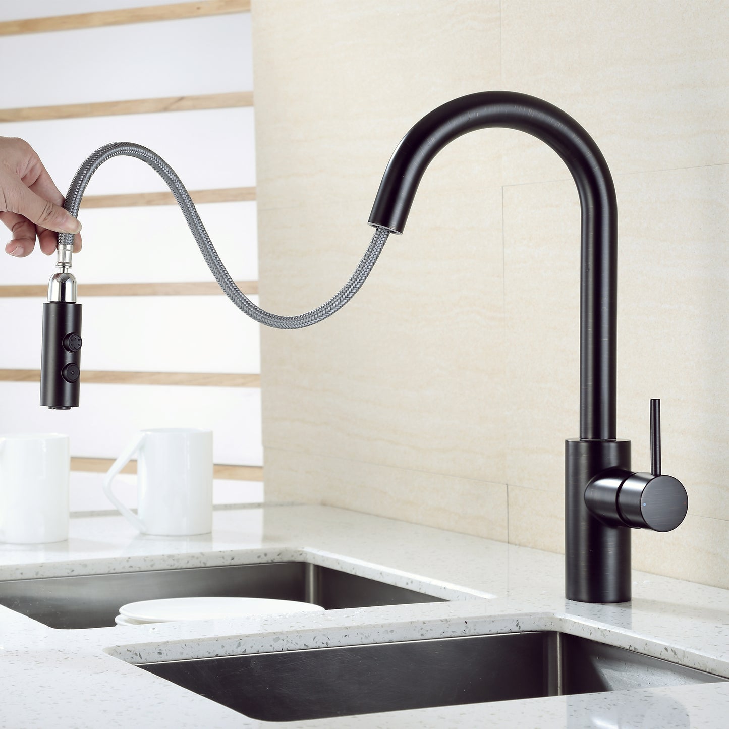 KTS21-TO Single-Handle Pull-Down Sprayer Kitchen Faucet with 2-Function Sprayhead 206 in Oil Rubbed Bronze