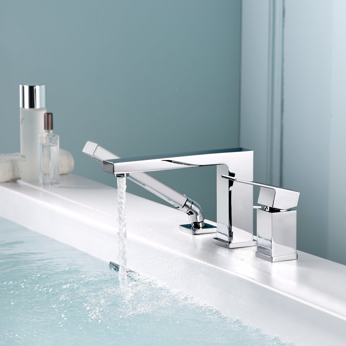 Single-Handle Deck-Mount Roman Tub Faucet with Hand Shower in Chrome