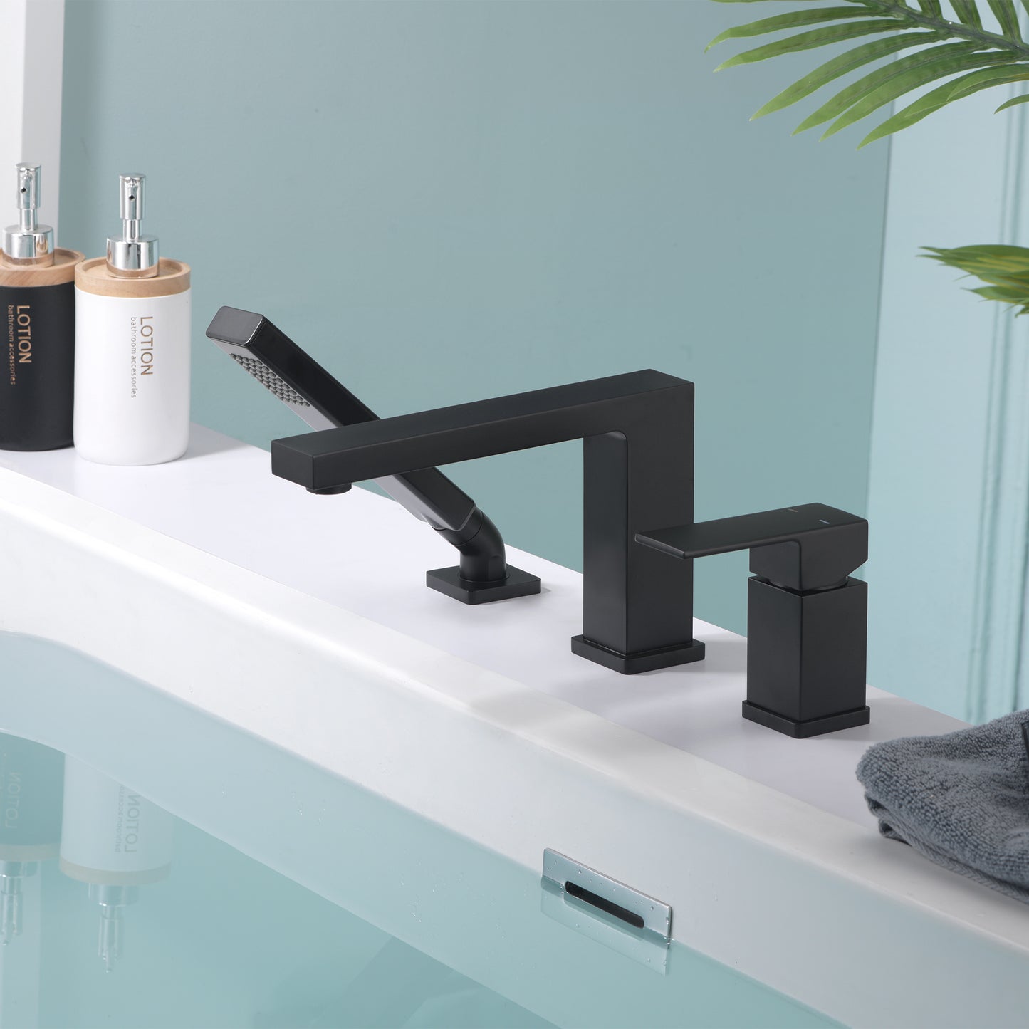 Single-Handle Deck-Mount Roman Tub Faucet with Hand Shower in Matte Black