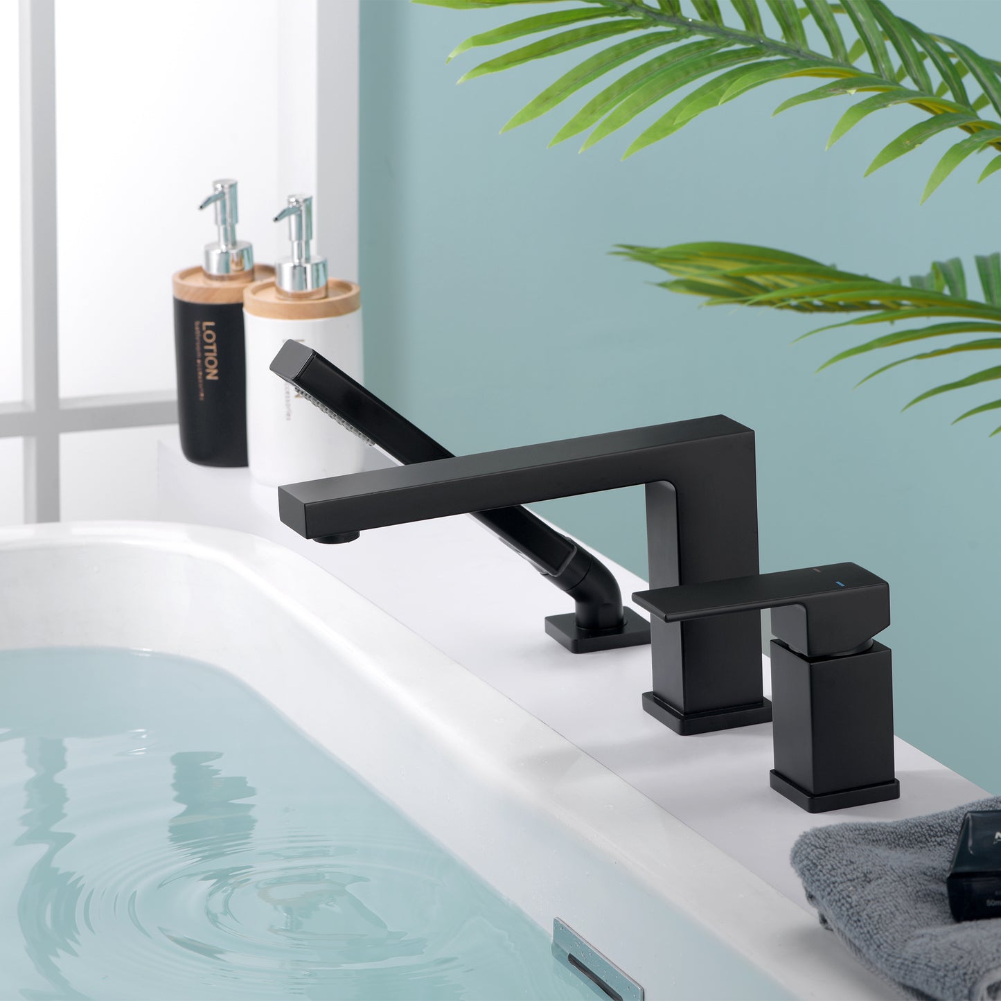 Single-Handle Deck-Mount Roman Tub Faucet with Hand Shower in Matte Black