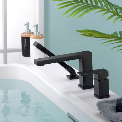 Single-Handle Deck-Mount Roman Tub Faucet with Hand Shower in Matte Black