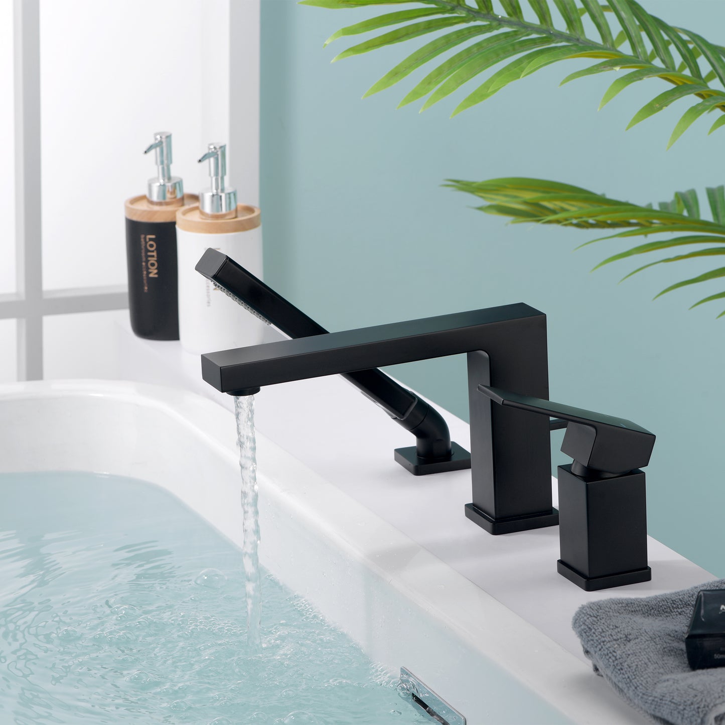 Single-Handle Deck-Mount Roman Tub Faucet with Hand Shower in Matte Black