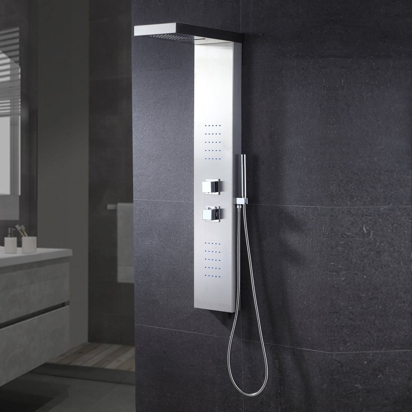 SP20-CEC 48 in. 2-Jet Thermostatic Shower System Panel with Rainfall Waterfall Shower Head Hand Shower in Stainless Steel