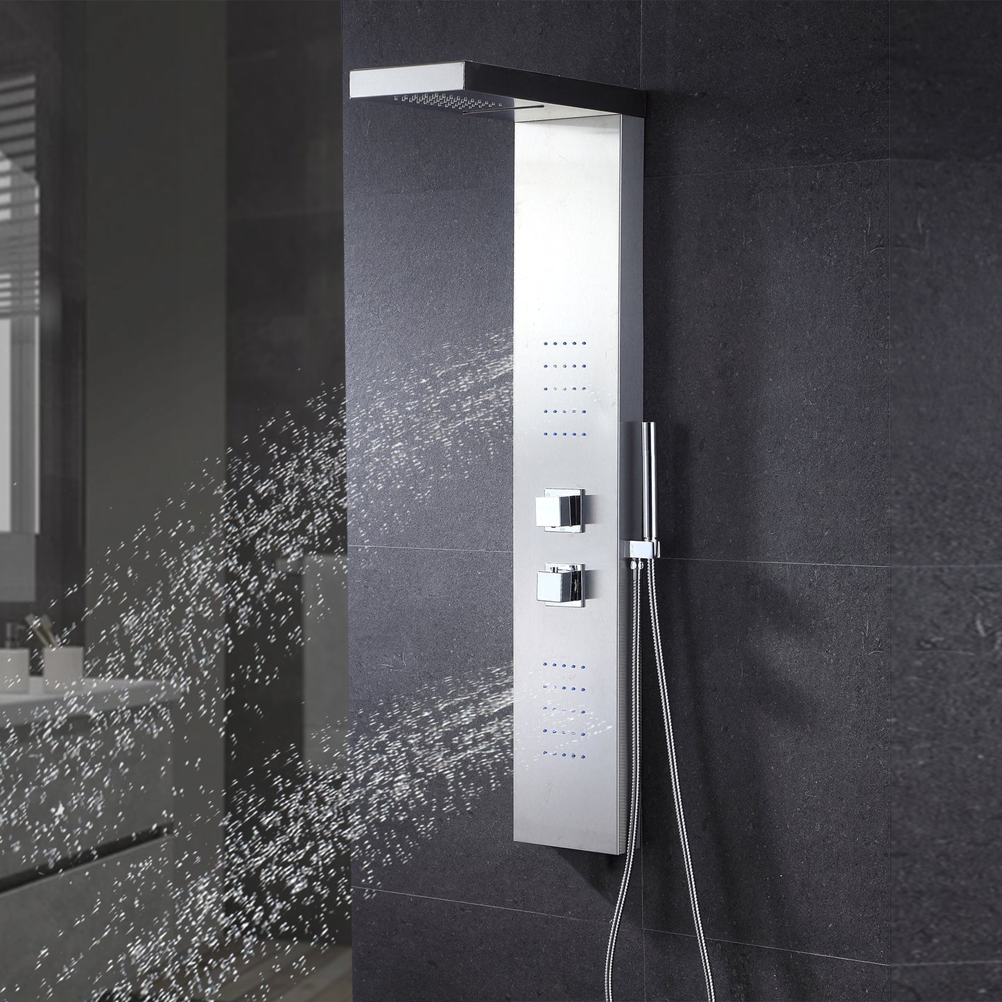 SP20-CEC 48 in. 2-Jet Thermostatic Shower System Panel with Rainfall Waterfall Shower Head Hand Shower in Stainless Steel