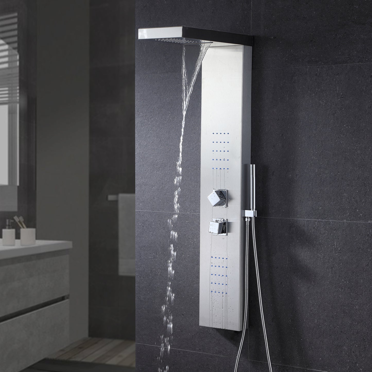 SP20-CEC 48 in. 2-Jet Thermostatic Shower System Panel with Rainfall Waterfall Shower Head Hand Shower in Stainless Steel