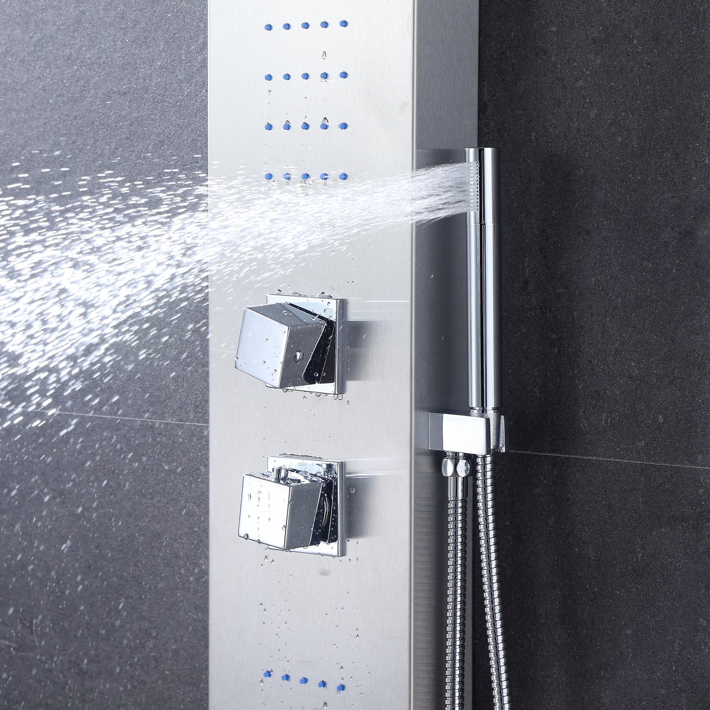 SP20-CEC 48 in. 2-Jet Thermostatic Shower System Panel with Rainfall Waterfall Shower Head Hand Shower in Stainless Steel