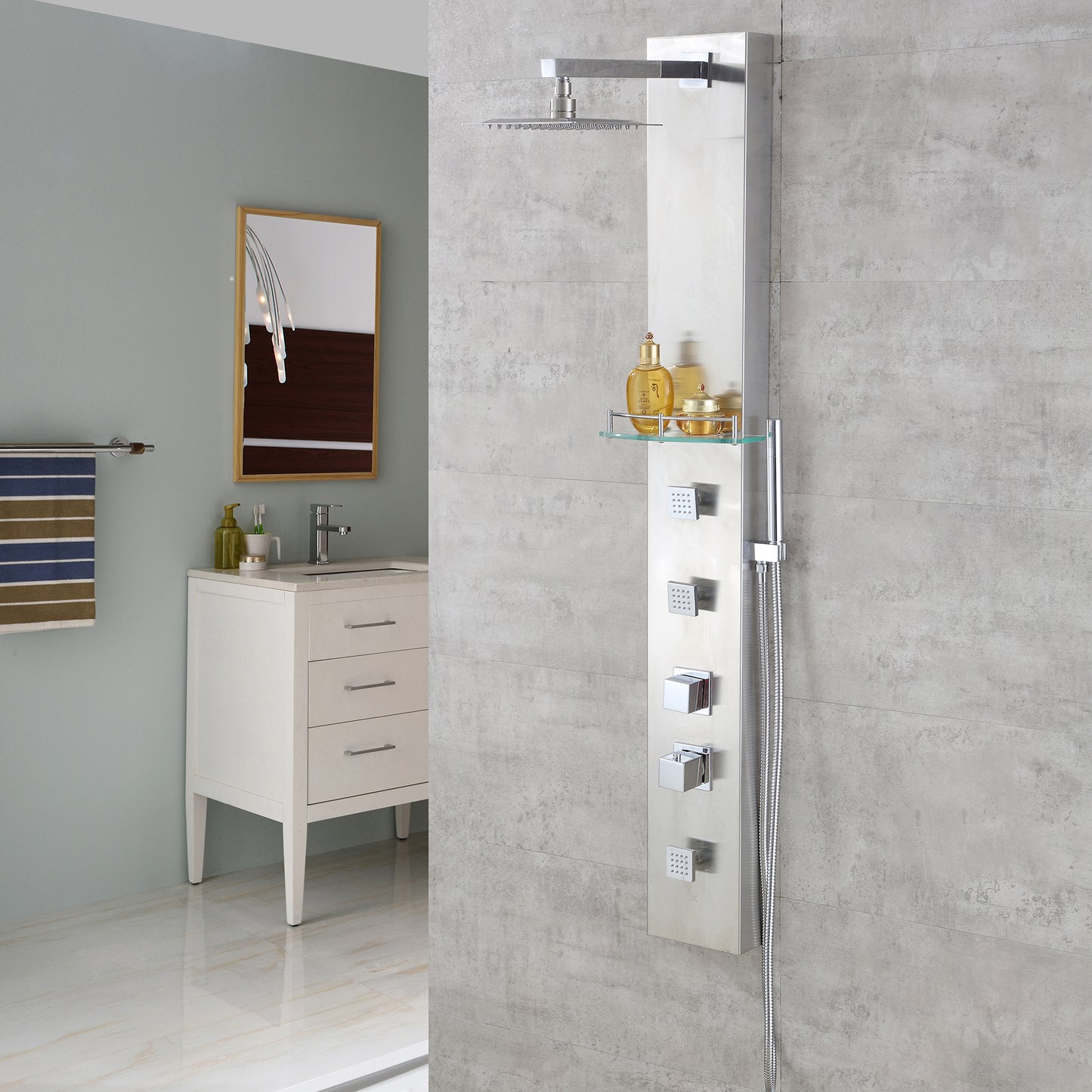 55 in. 3-Jet Full Body Thermostatic Shower System Panel with Rainfall Shower Head Hand Shower in Stainless Steel