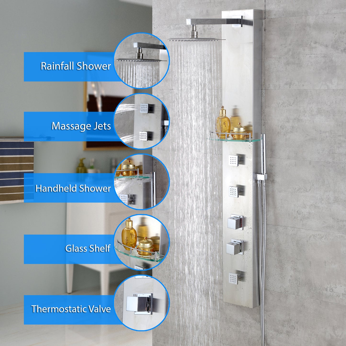 55 in. 3-Jet Full Body Thermostatic Shower System Panel with Rainfall Shower Head Hand Shower in Stainless Steel