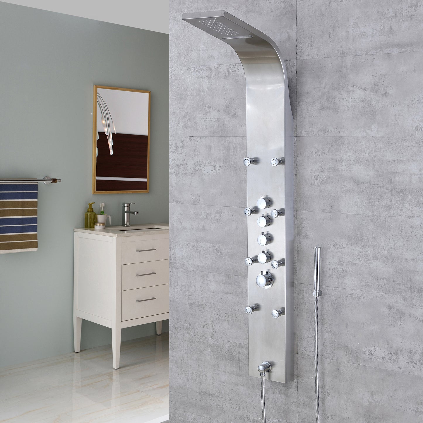 SP22-CEC 61 in. 8-Jet Full Body Shower System Panel with Rainfall Waterfall Shower Head Hand Shower in Stainless Steel