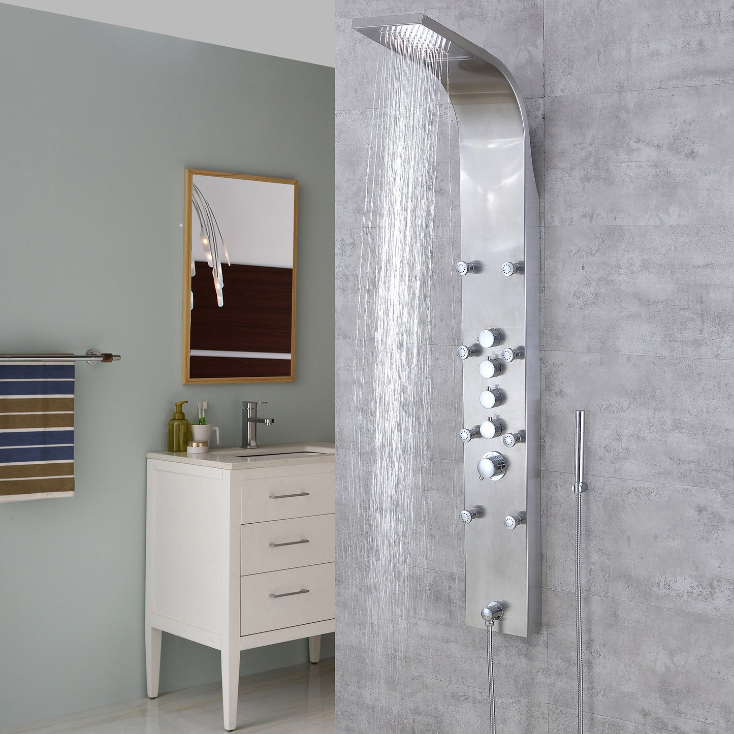 SP22-CEC 61 in. 8-Jet Full Body Shower System Panel with Rainfall Waterfall Shower Head Hand Shower in Stainless Steel