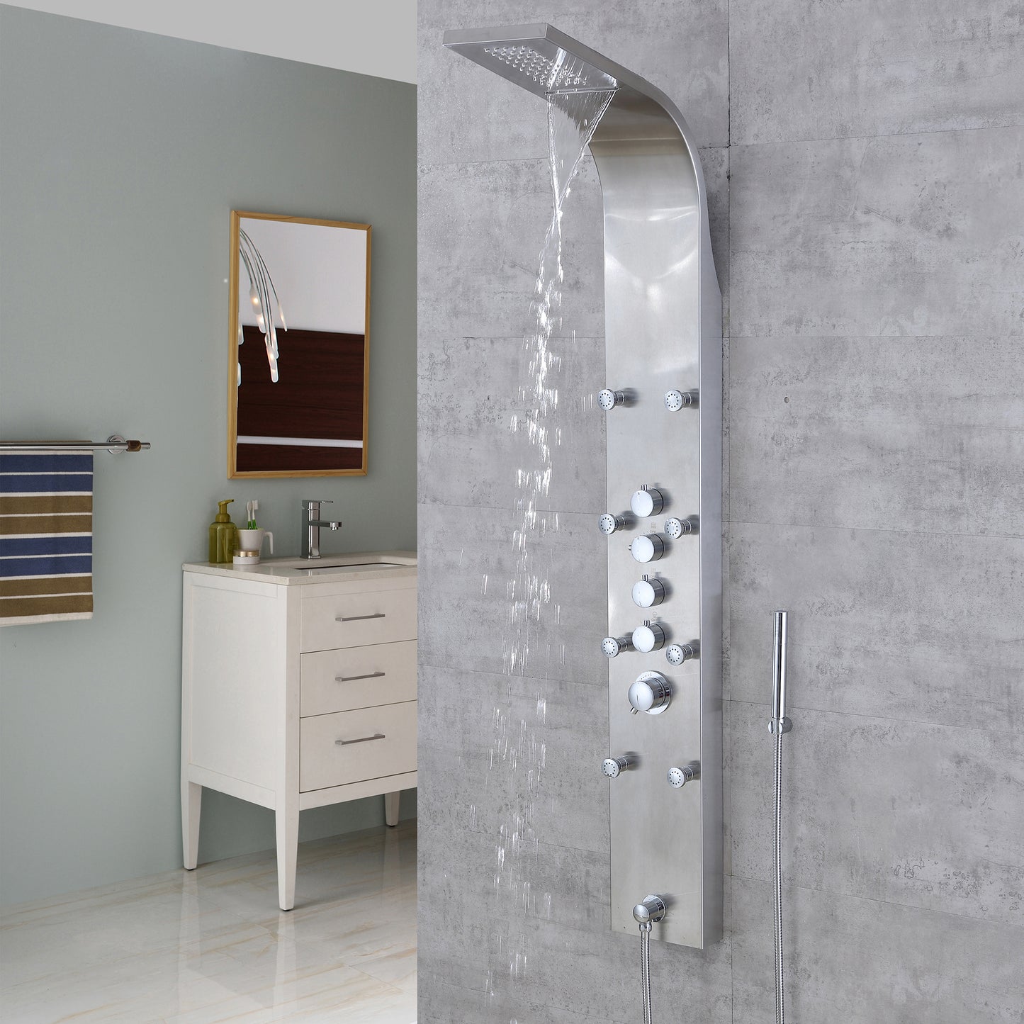 SP22-CEC 61 in. 8-Jet Full Body Shower System Panel with Rainfall Waterfall Shower Head Hand Shower in Stainless Steel