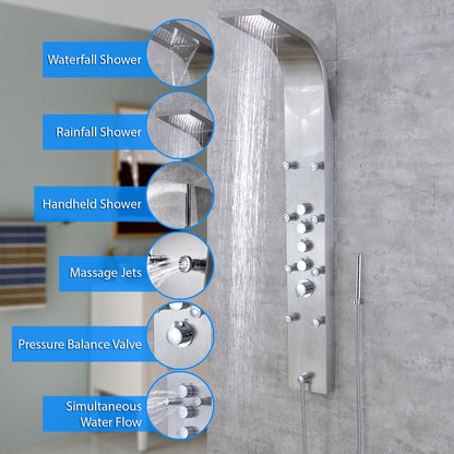 SP22-CEC 61 in. 8-Jet Full Body Shower System Panel with Rainfall Waterfall Shower Head Hand Shower in Stainless Steel