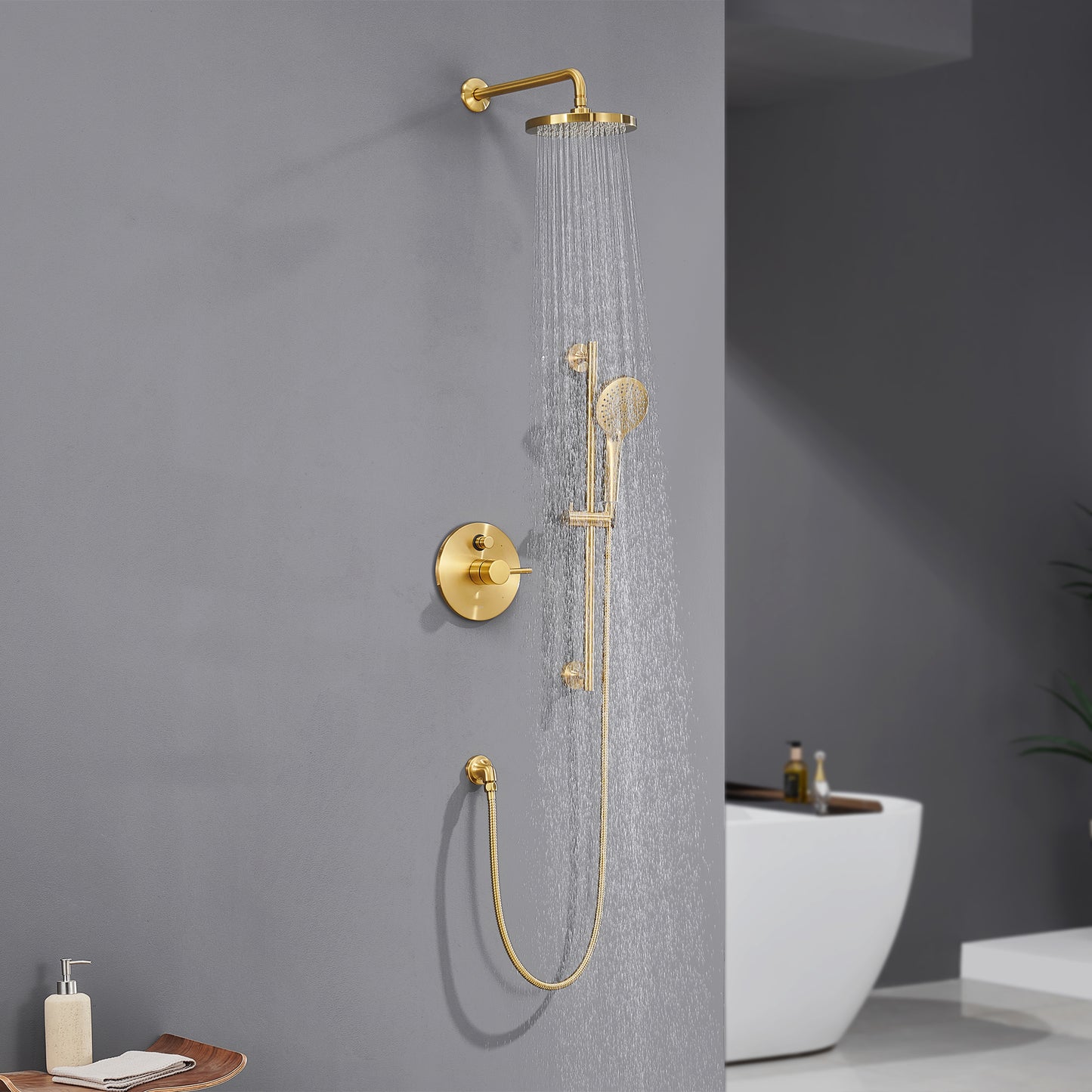 SS-D02-TG Single-Handle 3-Spray 24 in. Wall Bar Shower Faucet Kit with Hand Shower in Brushed Gold (Valve Included)